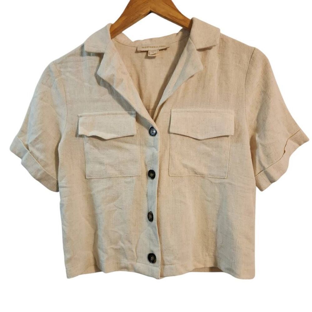 Montau Los Angeles cream linen Rayon shirt crop boxy button front small